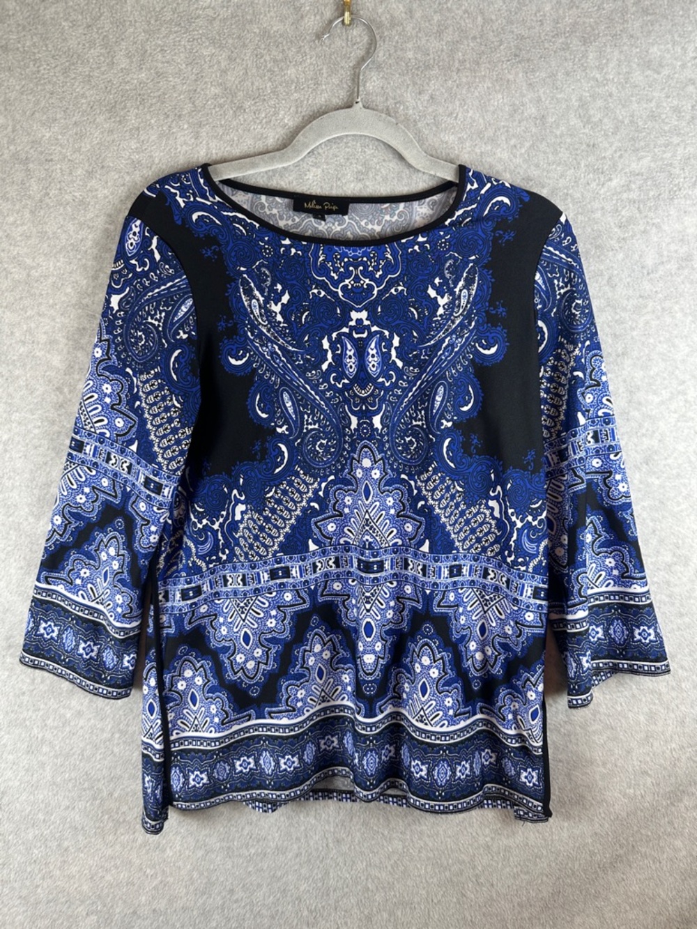 Melissa Paige Royal Blue Paisley 3/4 Slv Sleeve Top with Black Panels Women's S